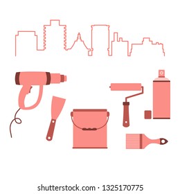 Vector illustration with cityscape and tools for the preparation, staining of surfaces. Building, construction and home repair tools. Painting and repair of premises.