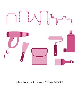 Vector illustration with cityscape and tools for the preparation, staining of surfaces. Building, construction and home repair tools. Painting and repair of premises.