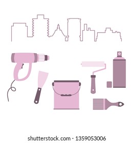 Vector illustration with cityscape and tools for the preparation, staining of surfaces. Building, construction and home repair tools. Painting and repair of premises.