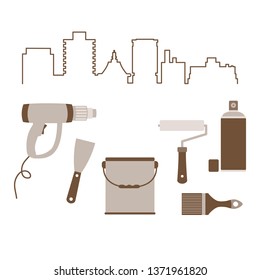 Vector illustration with cityscape and tools for the preparation, staining of surfaces. Building, construction and home repair tools. Painting and repair of premises.