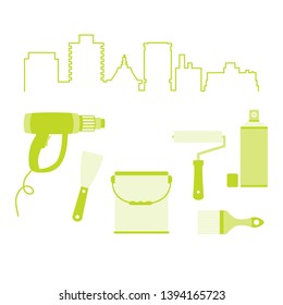 Vector illustration with cityscape and tools for the preparation, staining of surfaces. Building, construction and home repair tools. Painting and repair of premises.