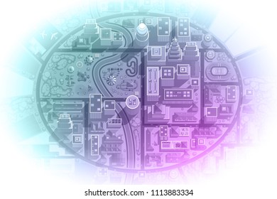 Vector illustration. Cityscape top view. City landscape with houses, buildings, streets, roads. View from above. 