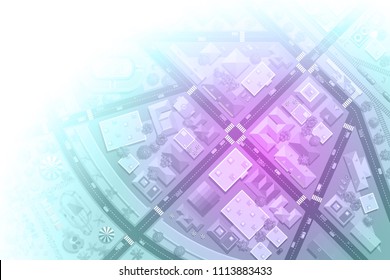 Vector illustration. Cityscape top view. City landscape with houses, buildings, streets, roads. View from above. 