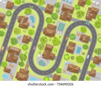 Vector illustration. Cityscape. Top view. The city with streets, houses, roads, cars. View from above.