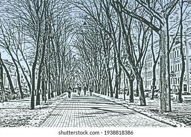Vector illustration of cityscape with walkway perspective in trees alley on spring day
