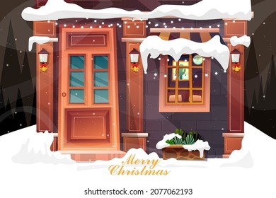 Vector illustration of Cityscape winter scenery in snowstorm. Urban background A peaceful townscape set in snow all over Christmas. Winter city with houses, buildings in snowy.