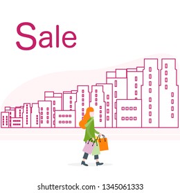 Vector illustration with cityscape, woman carry shopping. Big sale and shopping concept. Design for banner, poster or print.