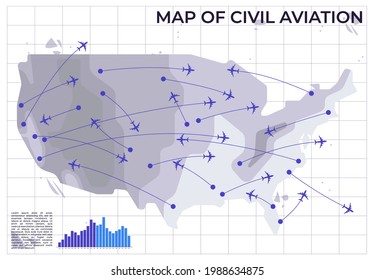 vector illustration of the civil aviation map template, aircraft flight paths