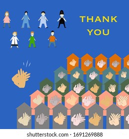 Vector illustration of clapping hands from houses and text saying thank you concept of clap for carers, round of applause for nhs workers and volunteers who work hard during coronavirus outbreak