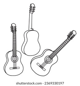 Vector illustration of clasical guitar hand drawn sketch, stringed musical instrument vector outline line art, front, isometric and rear view, isolated on white background