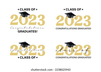 Vector illustration. Class of 2023 badge design template set in black and gold colors. Congratulations graduates 2023 banner sticker card with academic hat for high school or college graduation