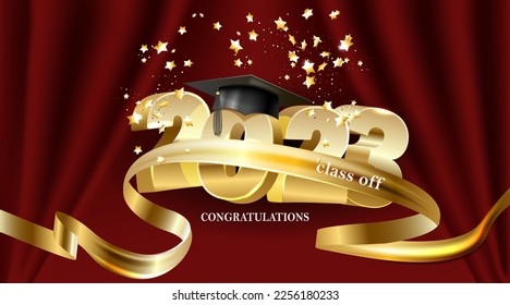 Vector illustration. Class of 2023 badge design template in black and gold colors. Congratulations graduates 2023 banner.