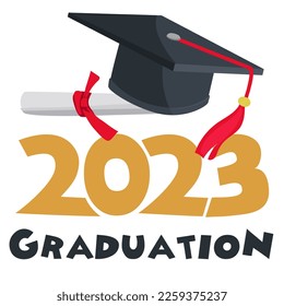 Vector illustration. Class 2023 badge design template in black and red colors. Congratulations to graduates 2023 banner sticker postcard with academic hat, diploma for graduation from high school
