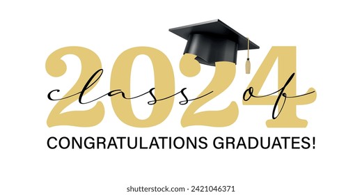 Vector illustration. Class of 2024 badge design template in black and gold colors. Congratulations graduates 2024 banner sticker card with academic hat for high school or college graduation