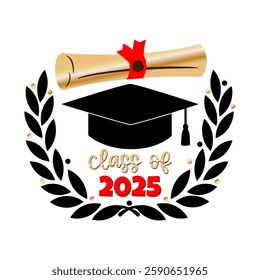 Vector illustration of Class of 2025 with graduation cap, diploma scroll and Laurel wreath on white background. Academic black hat with a tassel and a university diploma with quote Class of 2025.