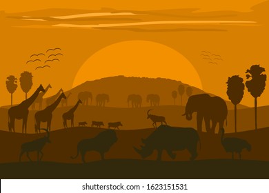 Vector illustration: classic African landscape with wild animals and Kilimanjaro.