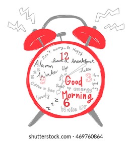 vector illustration - classic alarm clock ringing with greeting messages on clock face or clock dial such as have a good day, good morning, hello, howdy. Wake up messages included.