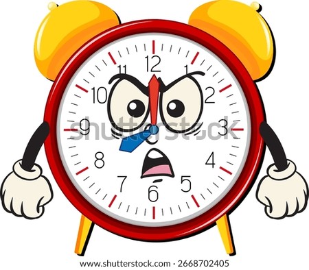 Vector illustration of a classic alarm clock with an angry facial expression, bold outlines, bright colors, and exaggerated cartoon style elements