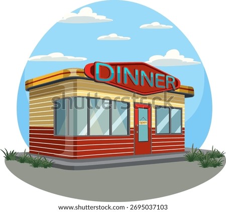 Vector illustration of a classic American diner with neon sign, striped facade, and blue sky.