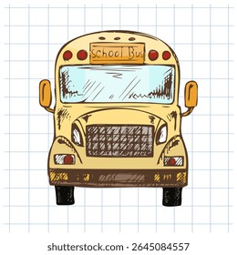 Vector illustration of classic American school bus in front view. Drawn in hand sketched vintage style with warm yellow and brown colors. Placed on grid paper background.