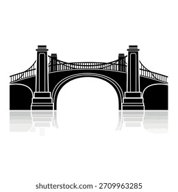 Ilustração vetorial de uma silhueta clássica de ponte de arco. Este ícone arquitetônico apresenta duas torres e um reflexo, isolado sobre um fundo branco.