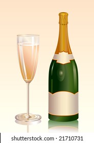Vector illustration of  Classic, attractive bottle of champagne with a blank label and a glass with champagne