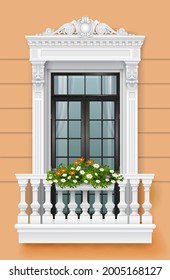 Vector illustration. Classic balcony on the facade with a door and a pot of flowers