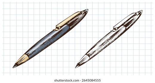 Vector illustration of classic ballpoint pen with golden clip in both full color and monochrome versions. Hand drawn vintage style on grid  notebook background.