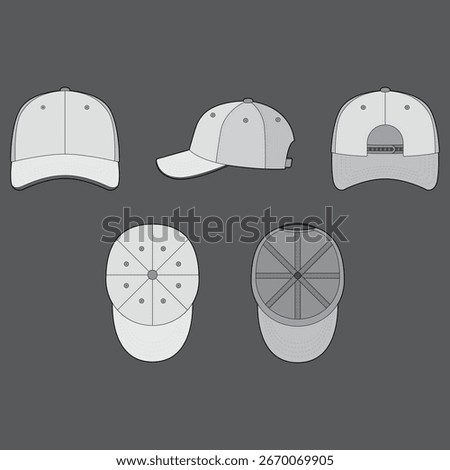 Vector illustration of a classic baseball cap shown from five different angles: front, side, back, top, and bottom. Perfect for mockups, fashion design, clothing templates, and casual wear graphics.