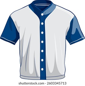 Vector illustration of a classic baseball jersey in blue and white. Features button details and short sleeves