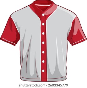 Vector illustration of a classic baseball jersey with red and white colors, highlighting button details and short sleeves
