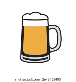 Vector illustration of a classic beer mug filled with golden beer topped with white foam, outlined in black on a white background. Ideal for bar, pub, drink, and party designs