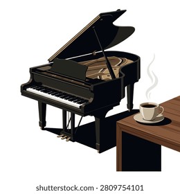 Vector illustration of a classic black grand piano with its lid propped open standing beside a wooden table holding a hot steaming cup of coffee