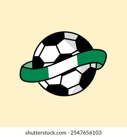 Vector illustration of a classic black and white soccer ball wrapped in a ribbon of the Nigerian national flag. Symbolizing sports, unity and celebration in a minimalist and vibrant style.