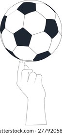Vector illustration of a classic black and white football spinning on a person's finger. Clean sports graphic design isolated on a white background. High-quality EPS artwork perfect for tournament posters, team logos, sports branding, social media, and creative digital or print projects with an attractive sporty appearance.