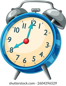 Vector illustration of a classic blue alarm clock with a vintage design, featuring bold colors and detailed shading