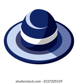 A vector illustration of a classic blue fedora with a white band. The hat is depicted in an isometric view, with a focus on the rounded crown and brim.