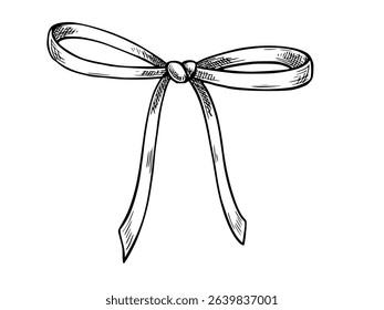 Vector illustration of a classic Bow in engraved hand drawn style. Outline drawing of Ribbon painted by black inks for wedding greeting cards, stationery, or baby party invitations.