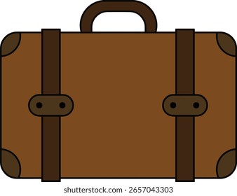 Ilustración vectorial de una clásica maleta marrón con tirantes marrones oscuros y asa, diseñada en un estilo de dibujos animados simple y plano. El equipaje de estilo vintage es ideal para temas relacionados con los viajes.