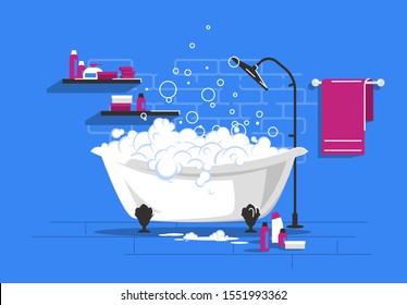 Vector illustration of classic bubble bath, bathroom accessories, shampoo, cream, towel