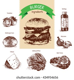 Vector illustration of classic burger ingredients. Hand drawn sepia illustration on white background