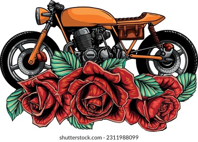 vector illustration classic cafe racer motorcycle and roses