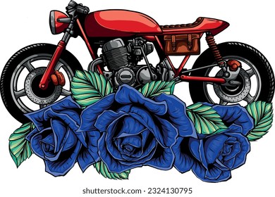 vector illustration classic cafe racer motorcycle and roses