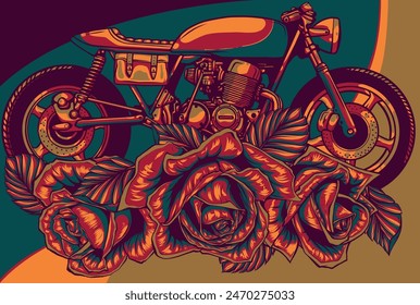 vector illustration classic cafe racer motorcycle and roses