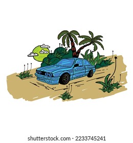vector illustration of a classic car, and coconut trees and rocks covered with grass. sketch, pencil, pen, drawing, background, concept, illustration, isolated, vector, sketchy, simple, flat.