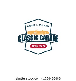 Vector illustration of classic car garage with geometric frame, classic retro car and text isolated on white background suit for tuner sign, garage logo or auto service center emblem