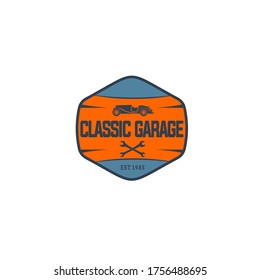 Vector illustration of classic car with hexagon frame, classic retro car, wrench and text isolated on white background suit for classic car  garage logo which serves maintenance