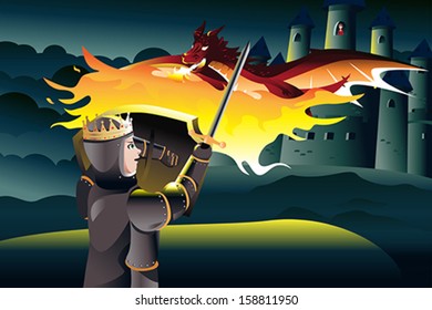 A vector illustration of a classic children tale of a prince trying to rescue a princess trapped in a tower of a castle guarded by a dragon