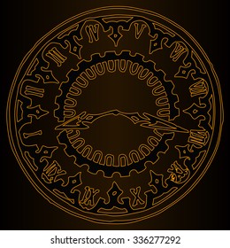Vector illustration, classic clock, dark background, golden collection, card concept.