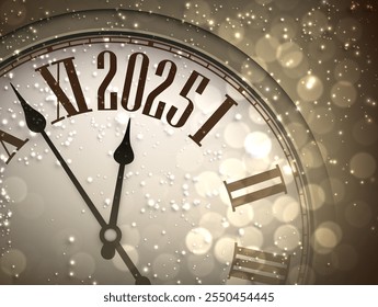 Vector illustration of a classic clock striking midnight for 2025, surrounded by golden sparkles and bokeh lighting effects.